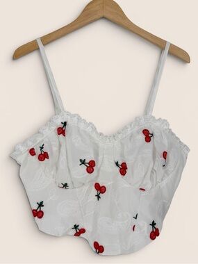 White Cherry Embroidered Smocked Bustier Corset Top XXL Coquette Y2K Ruffle Lace